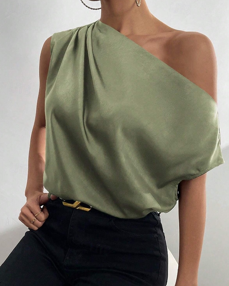 Per donna Camicia Elegant Top in raso Blusa Senza schiena Semplice Vintage Elegante Senza Maniche Asimmetrico Top Regolari Quotidiano Ferie Uscire Nero Verde chiaro Verde smeraldo Albicocca Estate del 2026 a $25.99 –P11