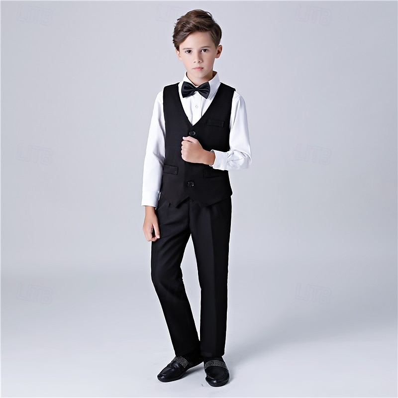 Costume de garçon d'honneur 4 pièces avec gilet & chemise  &Pantalon garçon, costume habillé décontracté, tenue de soirée tendance pour les fêtes en extérieur, basique et élégant, couleur unie bleu, de 2026 ? $33.99 –P2