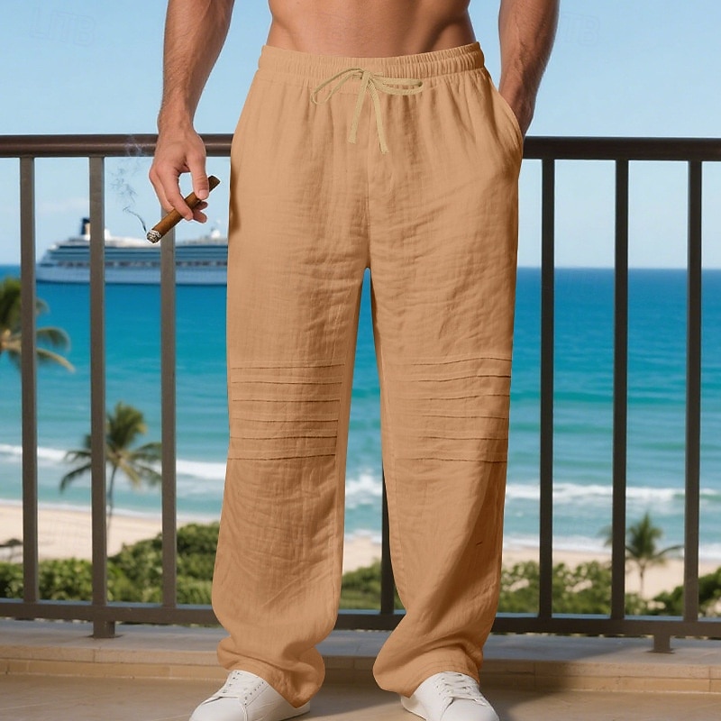Men's Linen Pants Trousers Summer Pants Baggy Pants Beach Pants Drawstring Elastic Waist Solid Color Comfort Breathable Daily Outdoor Beach Vacation Fashion Light Khaki Black Inelastic 2026 - $24.99 –P18