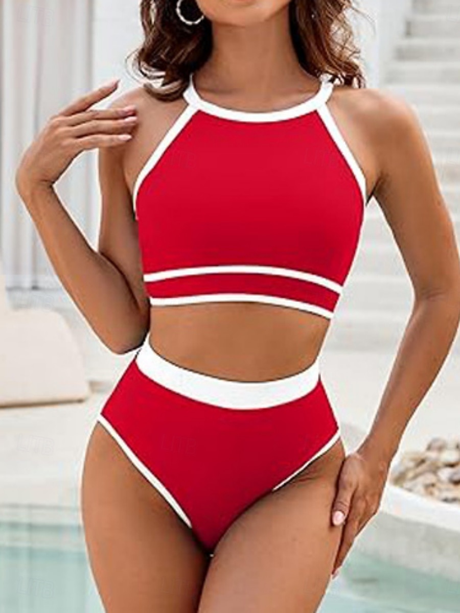 Dámské bikini dvoudílné plavky barevné bloky slipové štíhlé bez zad dovolená plážové oblečení pruhovaný halterneck bez rukávů 2026 - $24.99 –P5