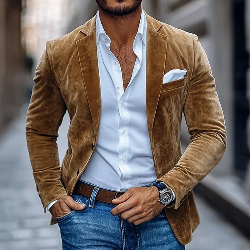 Hombre Blazer de gamuza sintética Chaqueta americana Casual Negocio Trabajo Elegante Vintage Primavera Otoño Terileno Color sólido Botonadura Simple Chaqueta de sport Marrón Color Caquí 2026 - $72.99 –P1