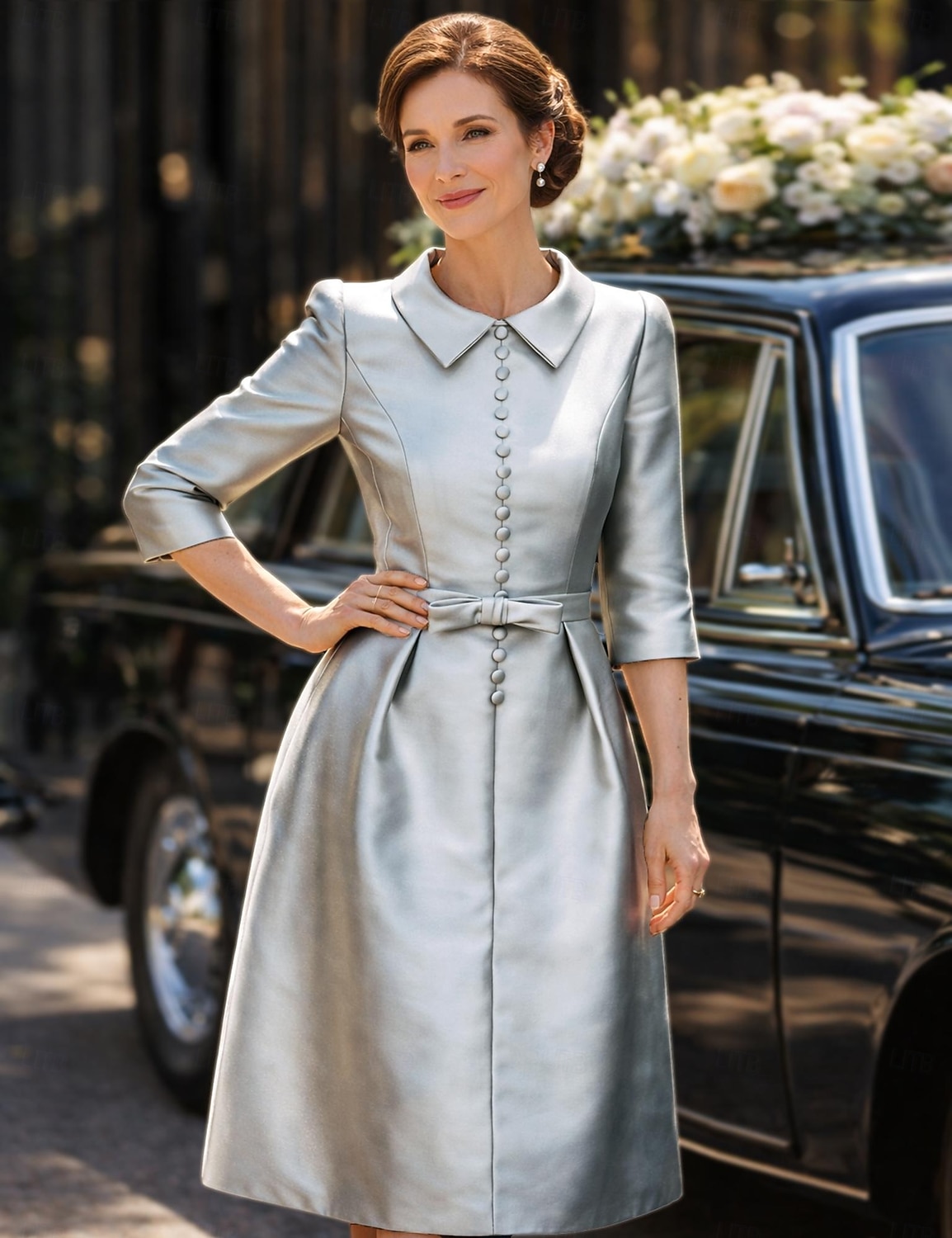 Schlauchkleid Knielang Partykleid Cocktailkleid Kleid für Hochzeitsgäste Brautmutterkleid Dreiviertelarm Hemdkragen Elegant Minimalistisch Hochzeitsgast Cocktailparty Formeller Abend Stretch Satin mit 2026 - $126.99 –P2