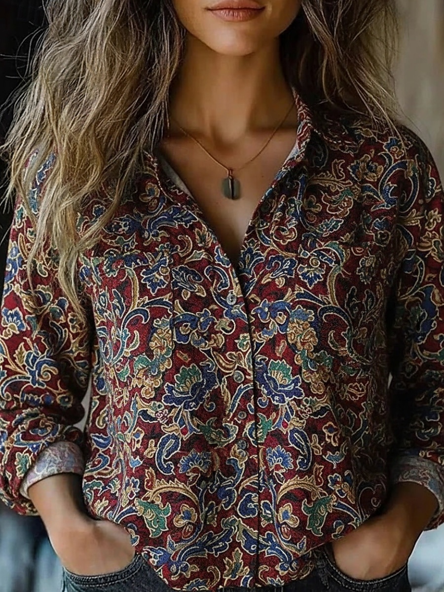 Damen Hemd Boho-Hemd Knöpfe Druck Blumen Vintage Stilvoll Ethnisch Langarm Hemdkragen Normale Oberteile Täglich Ferien Ausgehen Wein Khaki Frühling Herbst 2026 - $12.99 –P1