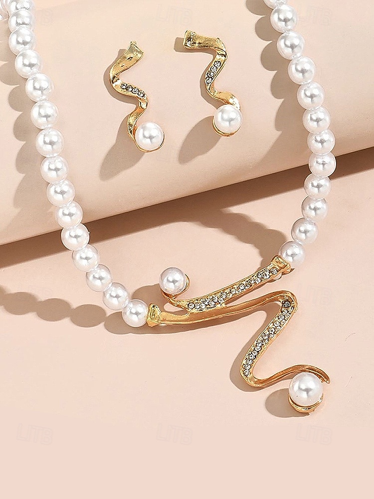 Set de bijuterii pentru femei cu colier și cercei din perle artificiale, design elegant inspirat de șarpe, stil clasic de mireasă, pentru mirese, invitați la nuntă, petreceri de seară și banchete formale 2026 - $9.99 –P5
