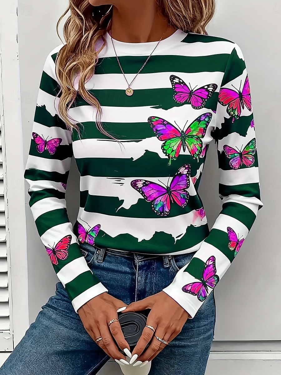 Mujer Camiseta Estampado Graphic Mariposa A Rayas Vintage Elegante Moderno Manga Larga Cuello Barco Tops regulares Diario Fin de semana Azul Piscina Amarillo Rojo Morado Otoño Invierno 2026 - $24.99 –P5