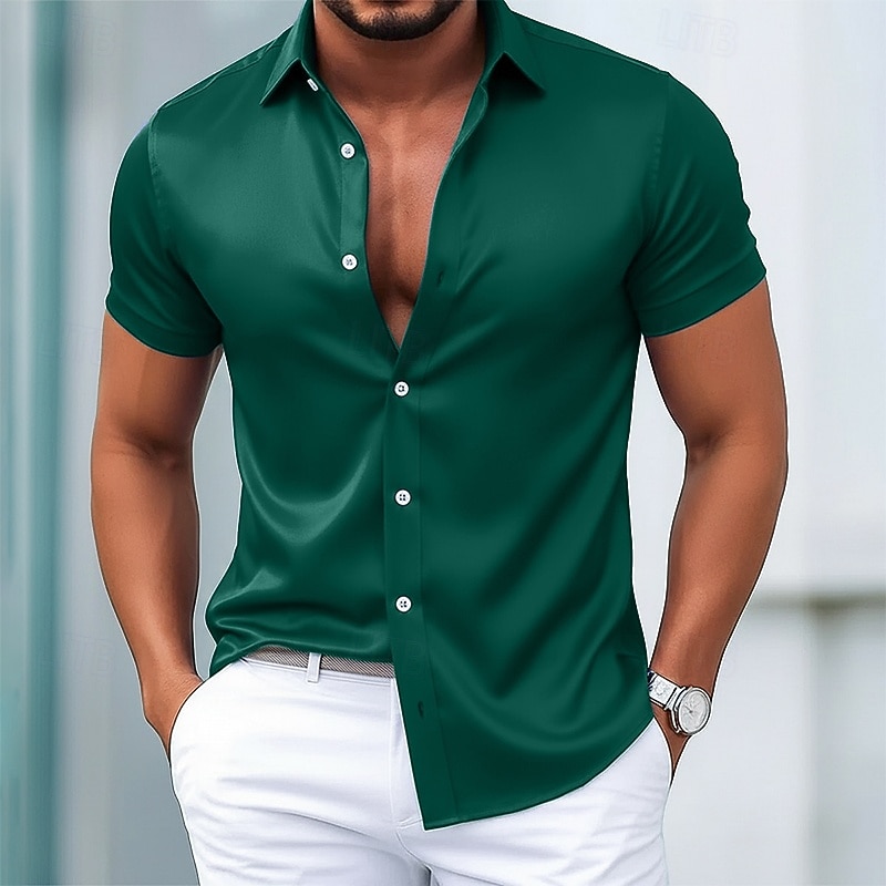 Hombre Camisa para Vestido Camisa de satén de seda Color sólido Diario Exterior Bleu Ciel Negro Blanco Vino Manga Corta Cuello Vuelto Verano Primavera Ropa Puro 2026 - $10.99 –P6