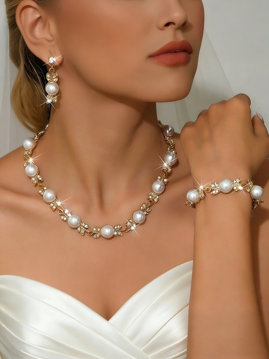 γυναικείο χρυσό &Σετ κοσμημάτων από ελεφαντόδοντο με μαργαριτάρια, κολιέ με στρας, σκουλαρίκια-βραχιόλι, κομψό νυφικό στυλ για γάμο &επίσημες εκδηλώσεις 2026 - $11.99 –P4