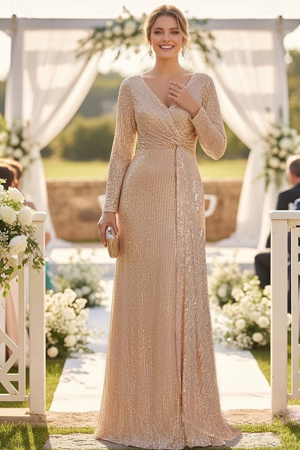 Ligne A Traîne Balayage Robe d'invité de mariage Robe de Cérémonie Robe de soirée Robe de Mère de Mariée  manche longue Col en V Élégant Éclat & Brillance Années 1920 Formel robe demoiselle d honneur de 2026 ? $126.99 –P1