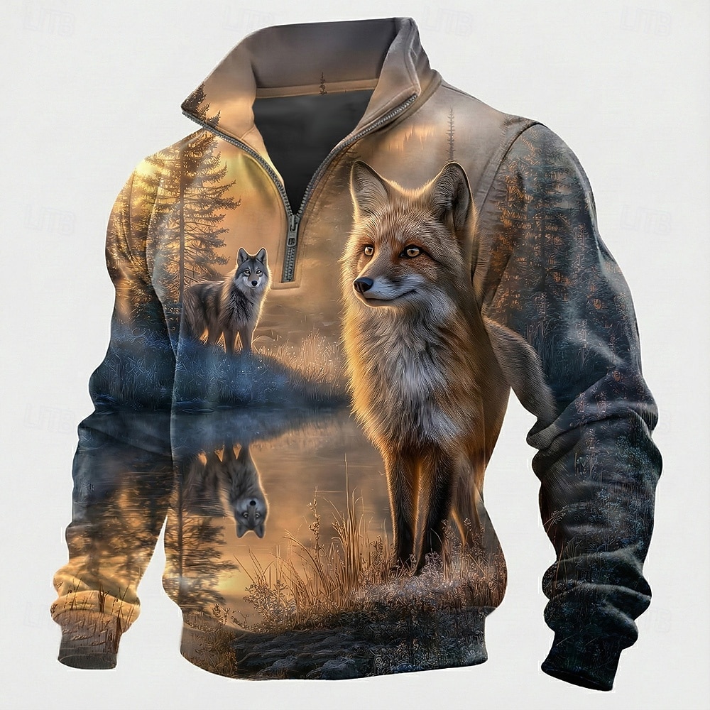 Pánské Liška Vlk 3D tisk Mikina Taktická Vintage Retro Lovecká Stojáček Venkovní Práce Dar Hnědá Zip Podzim Zima Návrhář S M L XL XXL XXXL 2026 - $30.99 –P1