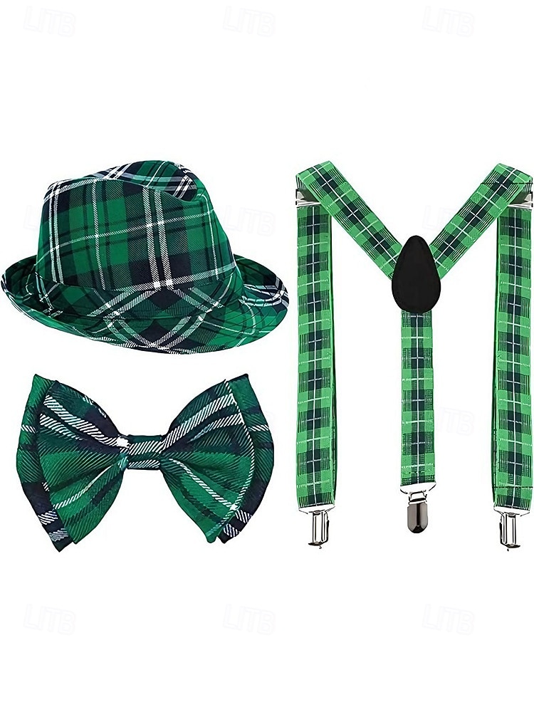 Conjunto de accesorios para disfraz de San Patricio para hombre: sombrero, pajarita y tirantes a cuadros verdes, poliéster con múltiples estampados, ideal para desfiles y fiestas irlandesas. 2026 - $24.99 –P3
