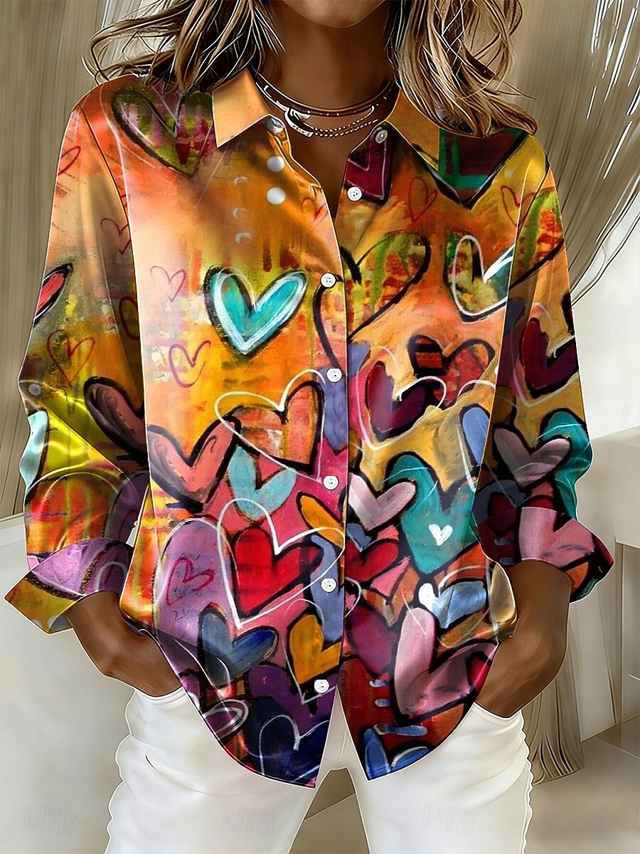 Women's Shirt Heart Graphic Vintage Stylish Modern Long Sleeve Shirt Collar Regular Tops Daily Holiday Blue Yellow Purple Green Spring Winter 2026 - $28.99 –P1