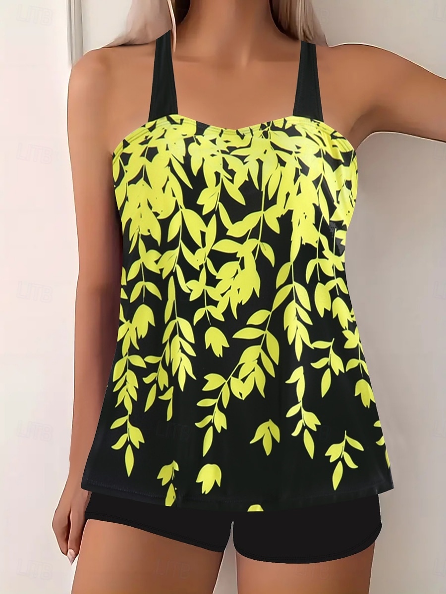 Maillot de bain Tankini femme 2 pièces Shorts Contrôle du ventre Taille haute Slim Dos nu Vacances Plage Vêtements Feuilles V Cou Sans Manches de 2026 ? $19.99 –P9