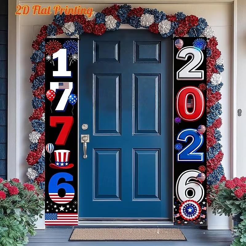 US 250th Anniversary Patriotic Couplet Banner America 250 Years of Freedom Celebration Flag Door Decoration Red White and Blue Party Decor Semiquincentennial Celebration 4th of July Independence Day 2026 - $10.49 –P1