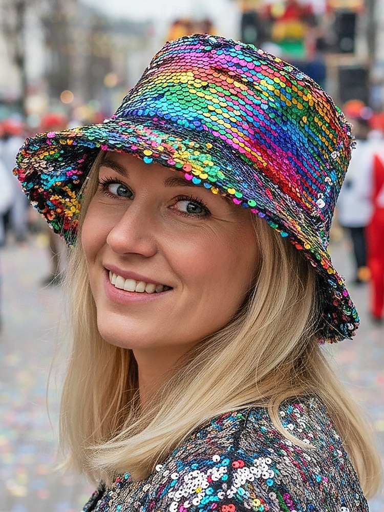 Kvinnors flerfärgad vändbar paljetthatt för Mardi Gras - glänsande diskokostymtillbehör för karneval rave och maskerad 2026 - $14.99 –P2