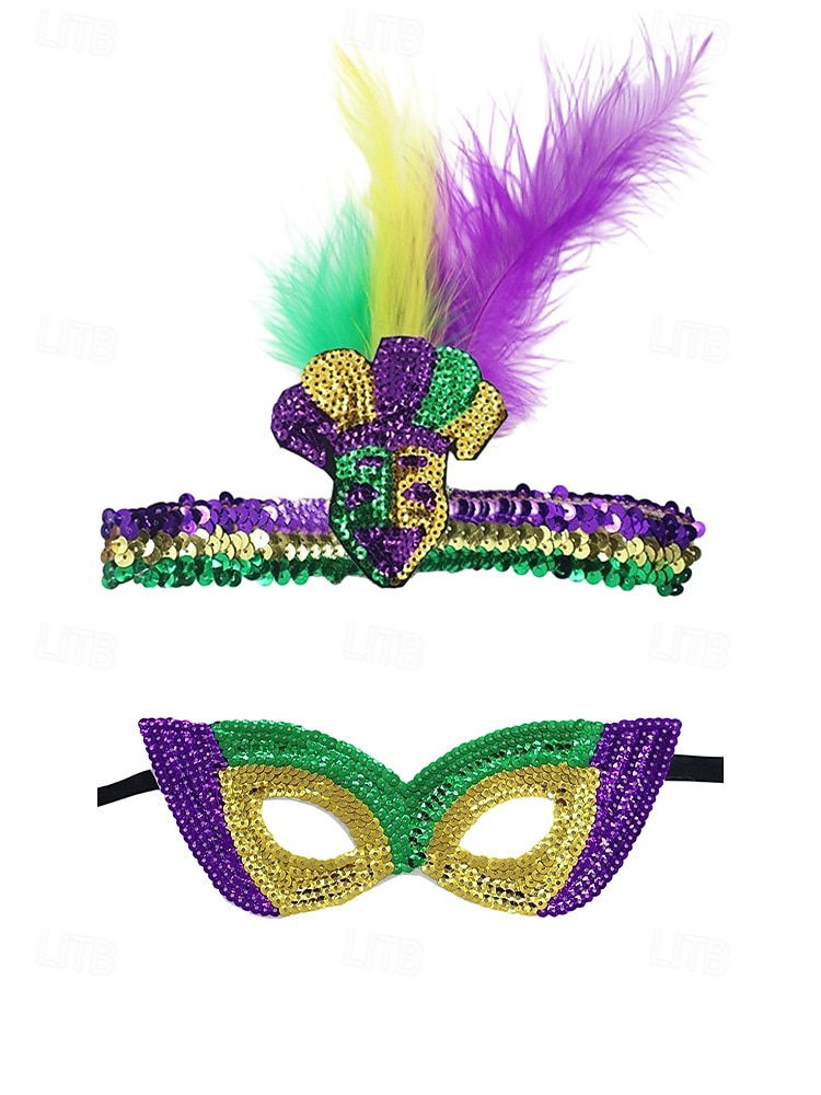 Dámská souprava masky a čelenky na karneval Mardi Gras z polyesteru s flitry – živé barvy s peřím ideální pro karneval a maškarní večírky 2026 - $9.99 –P4