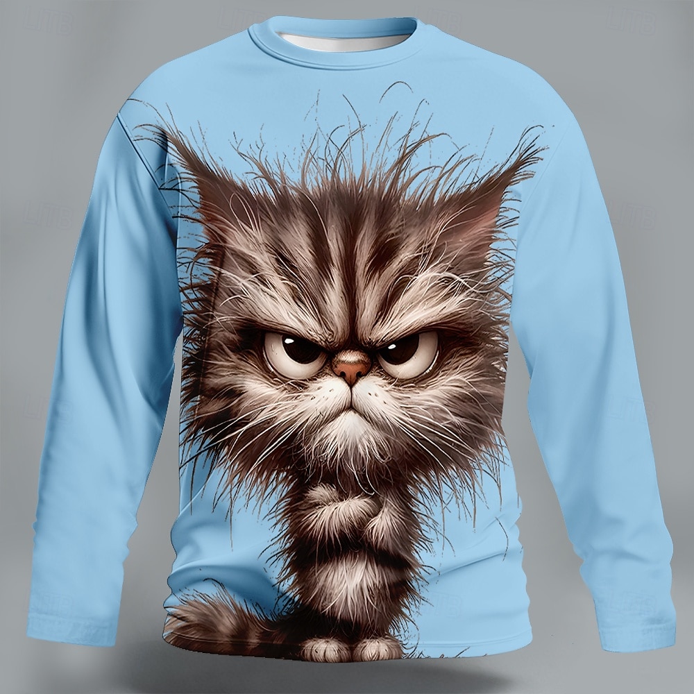 Herren Tiermotiv Katze Lustig T Shirt Langarm T-Shirt 3D-Druck Rundhalsausschnitt Hemd Mode Basic Lässig Täglich Straße Blau Schwarz Purpur Sommer Frühling Bekleidung S M L XL XXL XXXL 2026 - $23.99 –P1