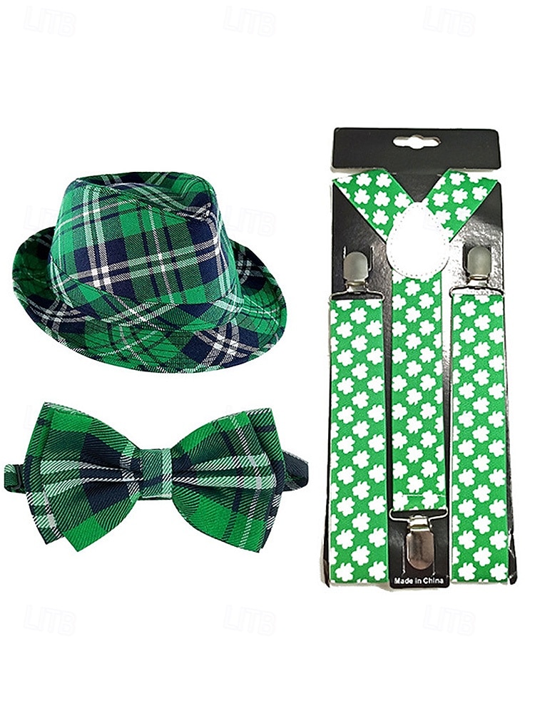 Conjunto de accesorios para disfraz de San Patricio para hombre: sombrero, pajarita y tirantes a cuadros verdes, poliéster con múltiples estampados, ideal para desfiles y fiestas irlandesas. 2026 - $24.99 –P8