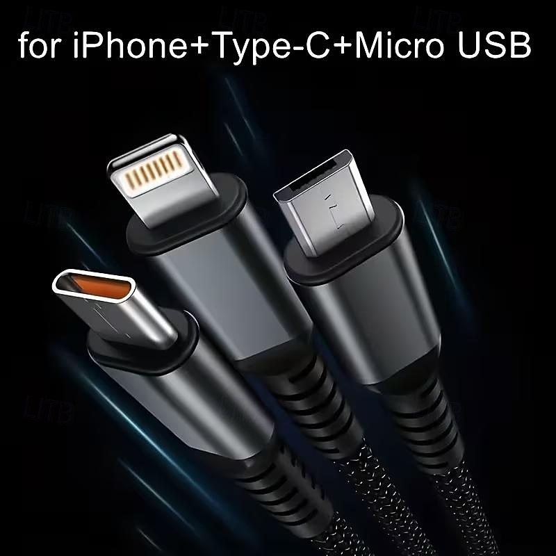Balení 3 univerzálních rychlonabíjecích kabelů, nylonový opletený kabel QC3.0 s konektory Lightning, micro USB a USB-C pro více smartphonů 2026 - $15.99 –P6