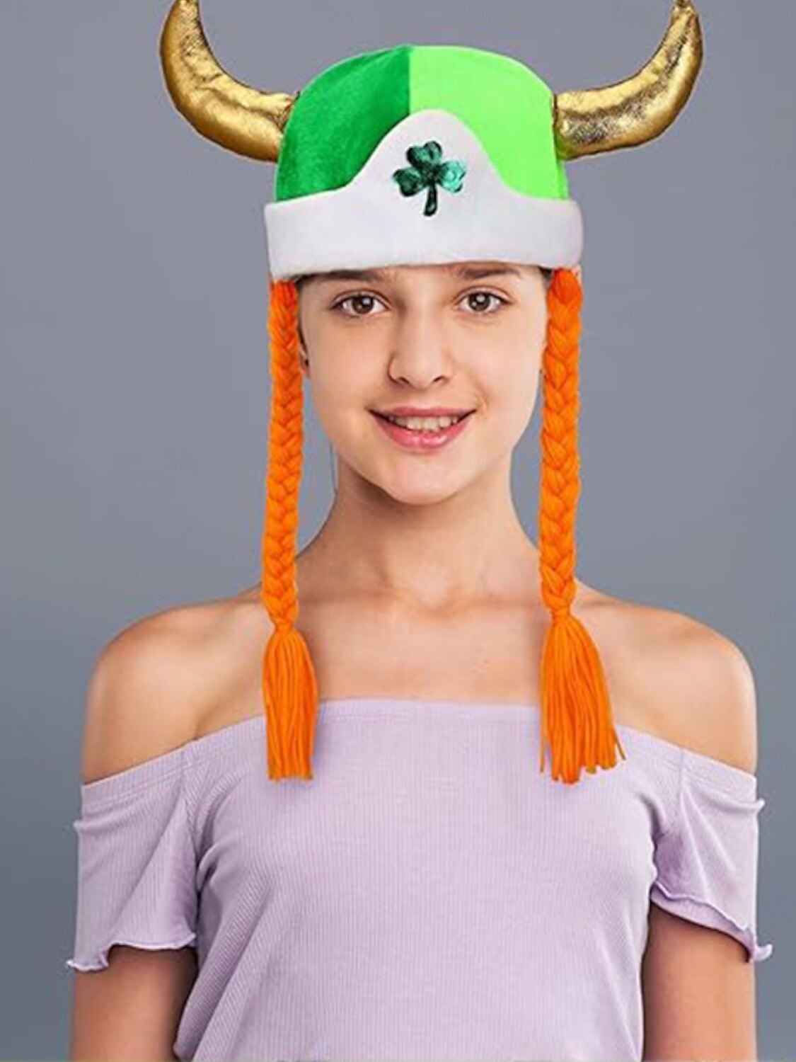 Vikingahatt för kvinnor med gyllene horn och flätat orange hår, grön shamrockhatt för irländska parader och festivaler &festkläder 2026 - $19.99 –P3