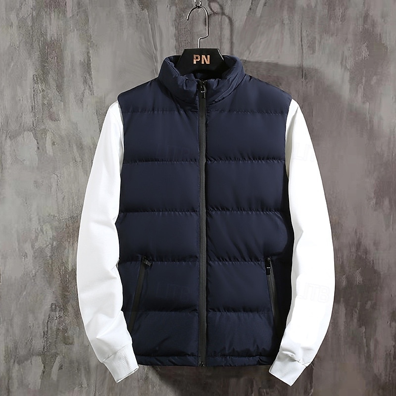 Pánské Puffer Vesta Kamizelka Vesta Dovolená Denní Rande Módní Na běžné nošení Podzim Zima Kapsy Polyester Zahřívací Pohodlné Pevná barva Zip Stojáček Běžný Černá Rubínově červená Tmavomodrá Vesta 2026 - $18.49 –P2