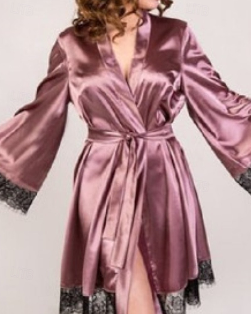 Dam Morgonrock Ledigt Mjukt Satin Ren färg Spets Dagligen Hem Säng Långärmad V-hals Silver Svart Vit Rodnande Rosa Vin Sommar Vår Lös passning 2026 - $11.49 –P7