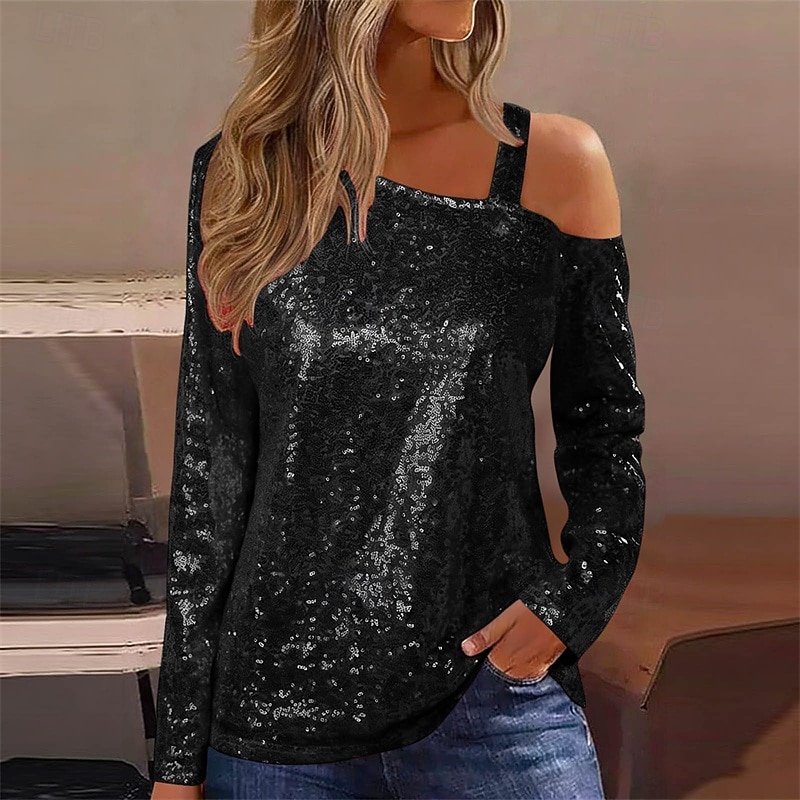 Damen Bluse Elegante Oberteile Pailletten-Oberteile Gerafft Pailletten Patchwork Einfarbig Einfach Elegant Vintage Stilvoll Langarm Asymmetrisch Normale Oberteile Täglich Arbeit Ausgehen Blau Schwarz 2026 - $12.99 –P1