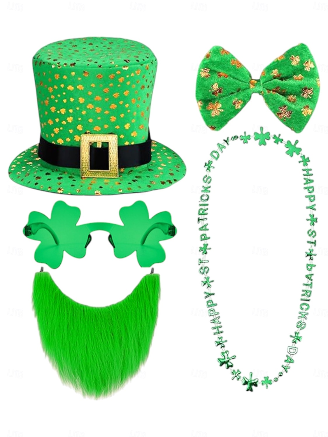 2026年 男性用聖パトリックの日のコスチュームセット - 緑のレプラコーンの帽子、蝶ネクタイ、ひげ、シャムロックのメガネ &お祝いの休日にぴったりのネックレス  コレクション – $19.99 –P2
