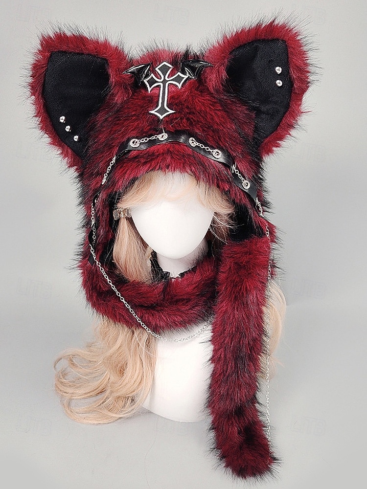 Dámská punková kožišinová čepice s kočkou na Mardi Gras v několika barvách trendy design s křížovými detaily perfektní pro karneval a maškarní plesy 2026 - $26.99 –P6