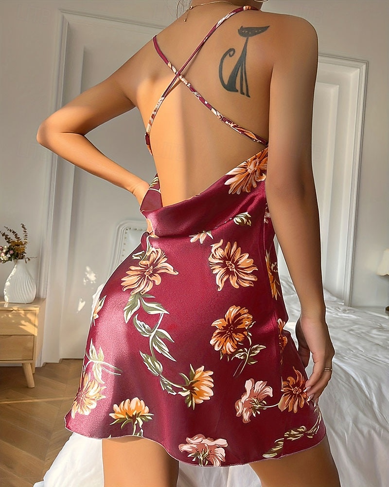 Damen Freizeitkleidung Nachthemd Sexy Lässig Weich Blumen Gerafft Rückenfrei Kleid Heim Urlaub Ärmellos V Ausschnitt Schwarz Rote Grün Sommer Frühling Normale Passform 2026 - $12.99 –P2