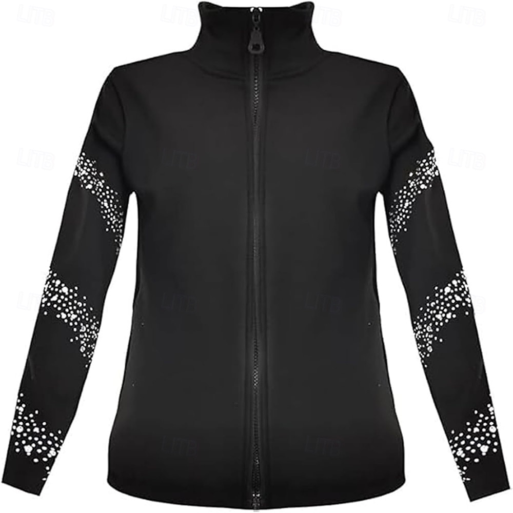 2026年 フィギュアスケート フリース ジャケット レディース ガールズ アイススケート ジャケット トップス ブラック ストレッチ トレーニング 競技 スケートウェア 保温 暖かい クリスタル/ラインストーン 長袖 アイススケート フィギュアスケート  コレクション – $89.99 –P8