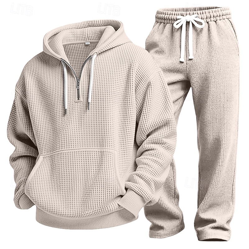 Homens Moletom Moletons Waffle Moletom com capuz e calças Conjunto Capuz Diário Ao ar livre Férias Roupa Diária Com Cordão Half Zip Tecido Vermelho Vinho Preto Branco Roupas Esportivas Esportes Moda de 2026 por $60.99 –P13