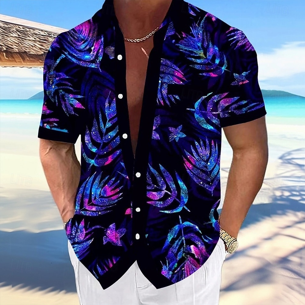 Homme Feuille Plantes Tropicales Lueur néon Chemise hawaïenne Chemise Boutonnée Chemise Aloha Manche Courte Hawaïen Vacances Tenue de plage Été Printemps Col Rabattu Impression 3D chemises à col Bleu de 2026 ? $25.99 –P1