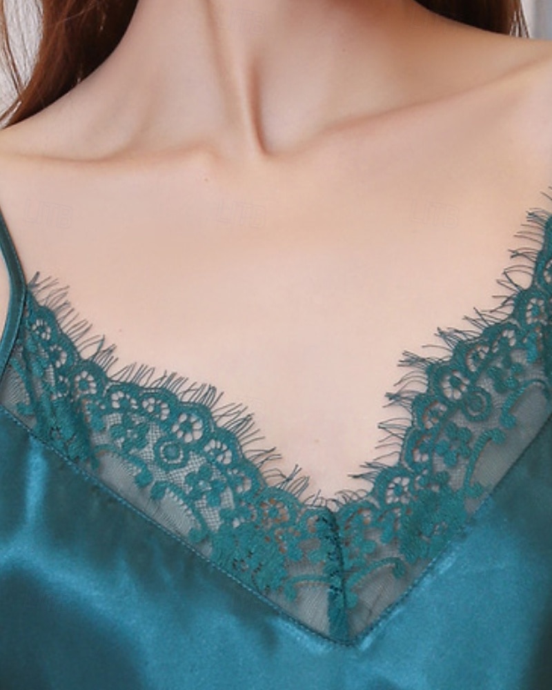 Damskie Koszula nocna Codzienny Miękkie Satynowe Czyste kolory Koronka Odkryte plecy Sukienka Codzienny Dom Łóżko Bez rękawów Paski Błękit jeziora Czarny Biały Rumiany róż Czerwony Lato Luźna 2026 - $22.99 –P14