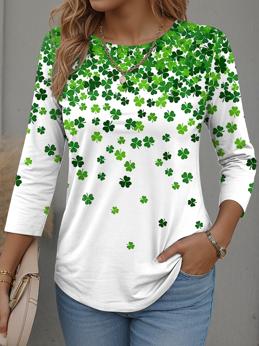 Koszulka damska na Dzień Świętego Patryka z grafiką koniczyny modna stylowa nowoczesna z długim rękawem okrągły dekolt regularny fason codzienna na weekend w białym zielonym na wiosnę zimę 2026 - $24.99 –P2