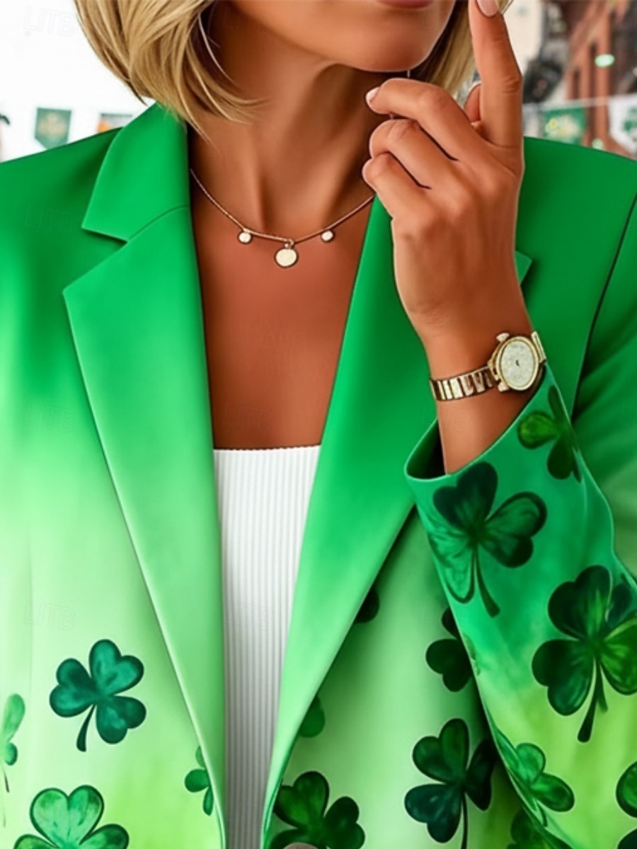 St. Patrick's Day Women's Blazer Warm Comfortable Pocket Buttons Print Daily Casual Trees / Leaves Casual Office Vacation Formal Single Breasted Regular Notch Lapel Regular Fit Long Sleeve 2026 - SGD S$60.09 –P2