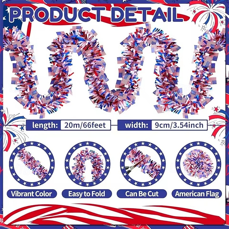 66 Ft Patriotic Tinsel Garland with American Flags, Thick & Fluffy Red White Blue Metallic Garland for 4th of July Independence Day, Memorial Day Decorations, USA Home Party Supplies Decoration 2026 - $26.99 –P8