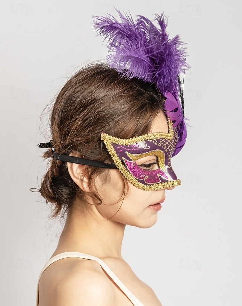 Women's Purple Feather Masquerade Mardi Gras Mask - Glitter Venetian Half-Mardi Gras Mask with Gold Trim for Carnival, Costume Balls & Glamorous Party Events 2026 - $24.99 –P1