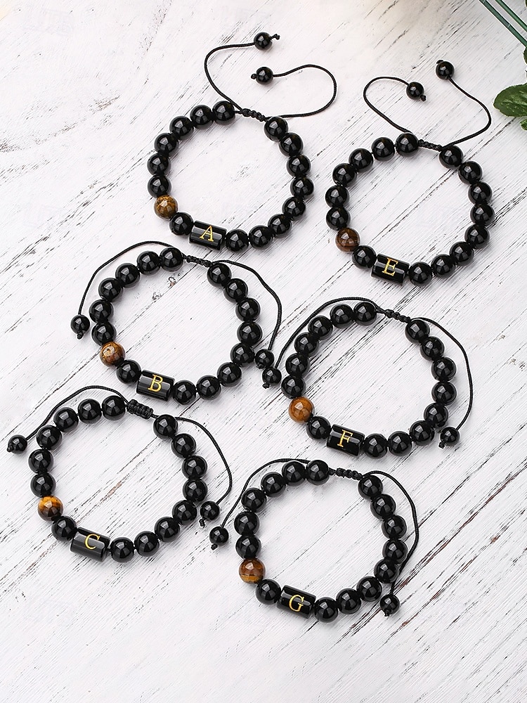 Justerbart armbånd i naturstein for menn med alfabetbokstavdesign, kan tilpasses med 26 bokstaver, perfekt for gave, uformelle anledninger og spesielle anledninger 2026 - $7.99 –P4
