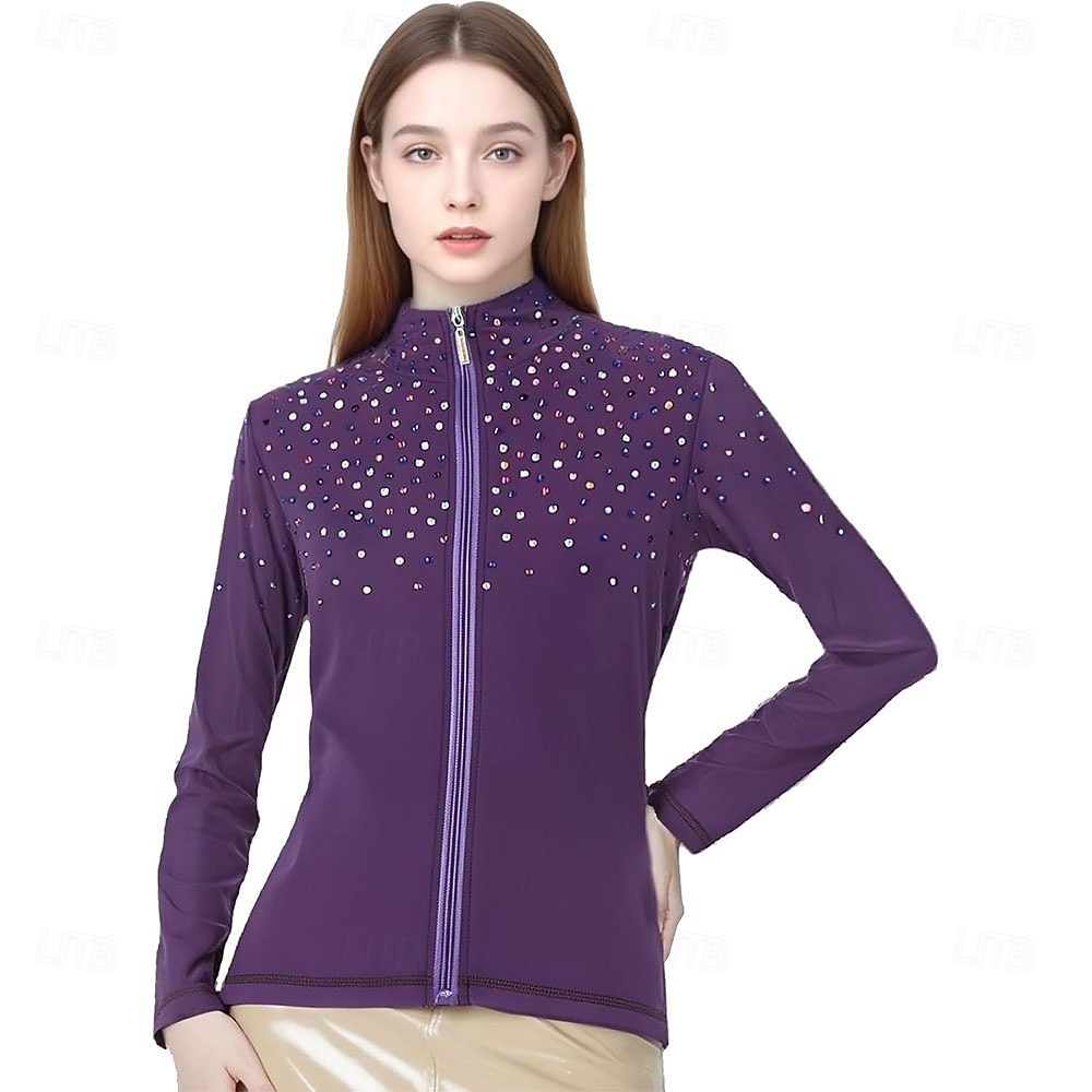 2026年 フィギュアスケート フリース ジャケット レディース ガールズ アイススケート ジャケット トップ パープル ストレッチ トレーニング 競技 スケートウェア 保温 暖かい クリスタル/ラインストーン 長袖 アイススケート フィギュアスケート  コレクション – $106.99 –P1