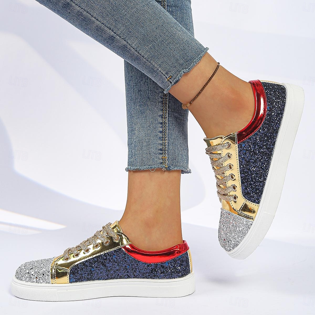 Pentru femei Casual Toc Drept Vârf rotund Casual Imitație Piele Dantelat Argintiu Roșu+albastru 2026 - $34.99 –P11