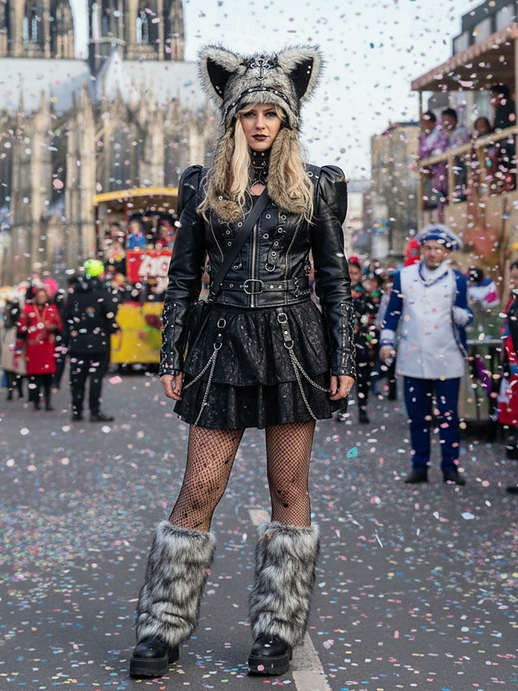 Dámská punková kožišinová čepice s kočkou na Mardi Gras v několika barvách trendy design s křížovými detaily perfektní pro karneval a maškarní plesy 2026 - $26.99 –P5