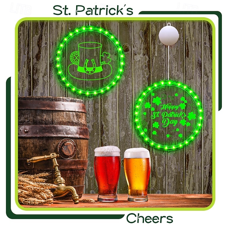 2026年 アイルランドの聖パトリックの日の飾り、LED吊り下げライト、22/24cmのシャムロック &レプラコーンの帽子の吸盤ライト、屋内ドア、窓、壁、パーティー、休日の装飾、単4電池ボックス付き  コレクション – $16.49 –P5