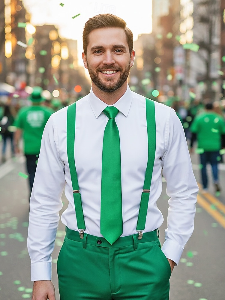 2026年 男性用のセントパトリックスデーのグリーンサテンネクタイ。グリーンの複数の色合い、滑らかなポリエステル生地。パレード、パーティー、結婚式、ホリデーのお祝いに最適なクラシックで華やかなスタイルのネクタイ。  コレクション – $11.99 –P2