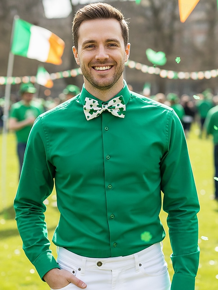 2026年 メンズポリエステル蝶ネクタイ、2色のクローバープリントデザイン、聖パトリックの日やカーニバルのお祝いに最適  コレクション – $9.99 –P1