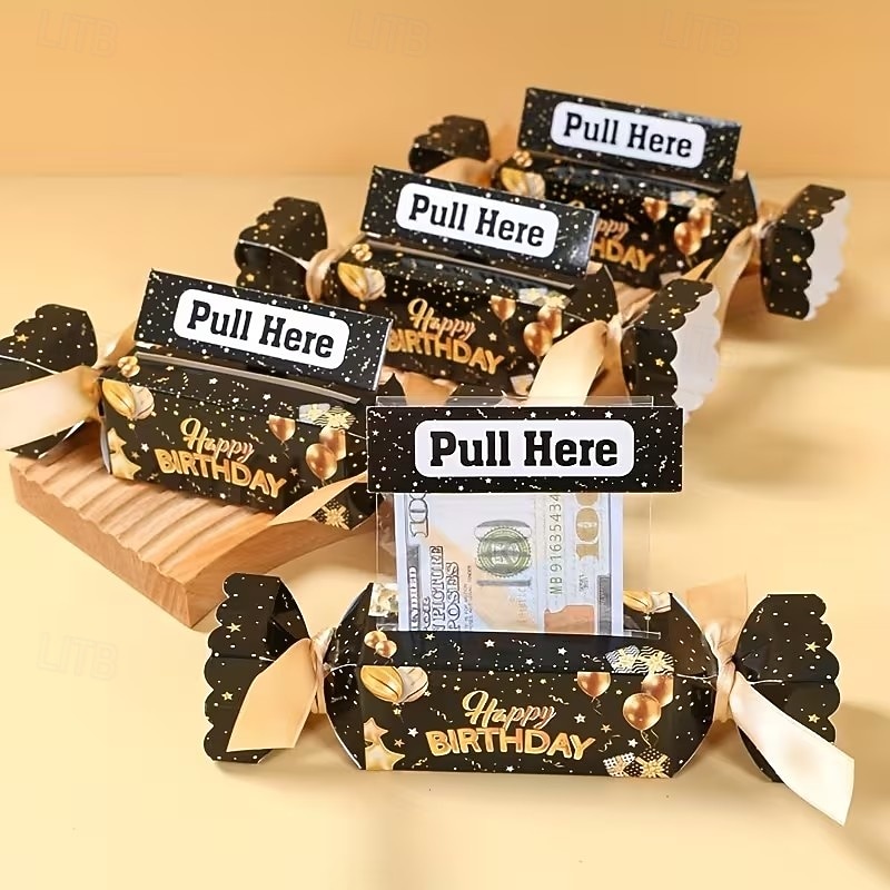 Balení 4 černo-zlatých vytahovacích dárkových krabiček k narozeninám, dárkové balení s překvapením v podobě hotovosti, ideální pro bytové dekorace, oslavy narozenin dospělých, výročí a dárky k 2026 - $16.99 –P1