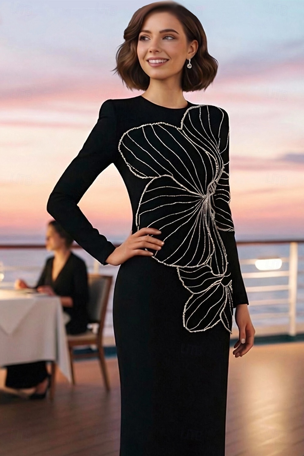 Abito a tubino colonna lungo fino al pavimento abiti formali abito da sera abito da sera elegante maniche lunghe scollo tondo formale con cristalli e perline del 2026 a $195.99 –P3