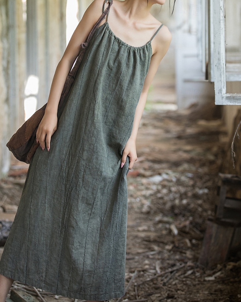 Women's Midi Dress Cotton Linen Dresses Shift Dress Sundress Slip Dress Vintage Fashion Daily Outdoor Vacation Loose Fit Plain Sleeveless Straps Blue Teal White Yellow Summer Spring 2026 - $49.99 –P11