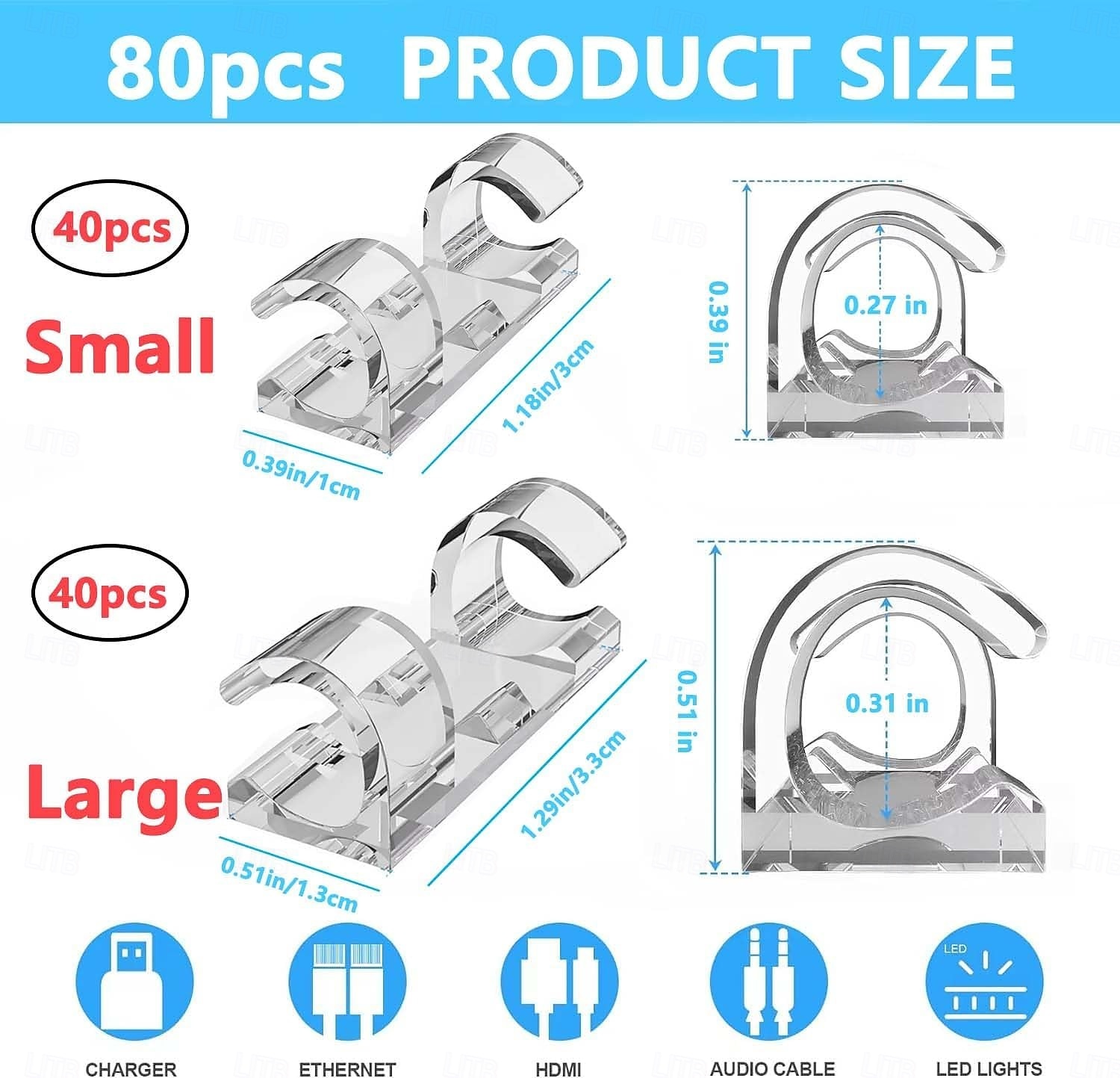 80 clips de câble (petits) &(grand format), serre-câbles adhésifs de finition pour fixation murale (TV, PC, ordinateur portable), clips de gestion de câbles, clips pour éclairage extérieur de 2026 ? $15.99 –P5