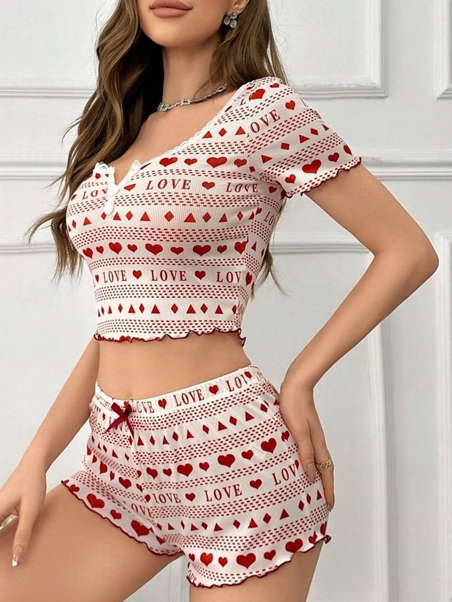 Per donna Set Pigiama Casual Comfort Cuore Elastico in vita Shorts Quotidiano Casa Manica Corta Scollo a V Nero Rosso Estate Primavera Vestibilità aderente del 2026 a $21.99 –P8