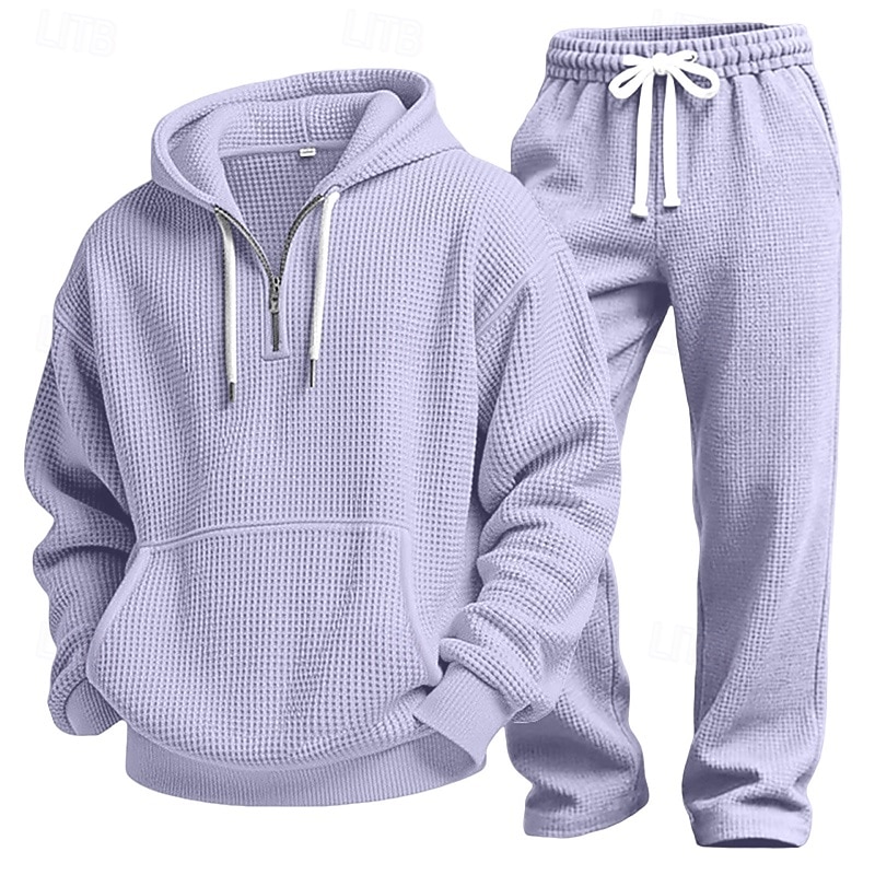 Homens Moletom Moletons Waffle Moletom com capuz e calças Conjunto Capuz Diário Ao ar livre Férias Roupa Diária Com Cordão Half Zip Tecido Vermelho Vinho Preto Branco Roupas Esportivas Esportes Moda de 2026 por $60.99 –P19